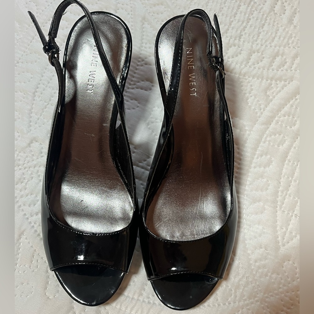 Nine West Patent Black Leather Sling-Back, Peep-Toe Heels- Size 9.5